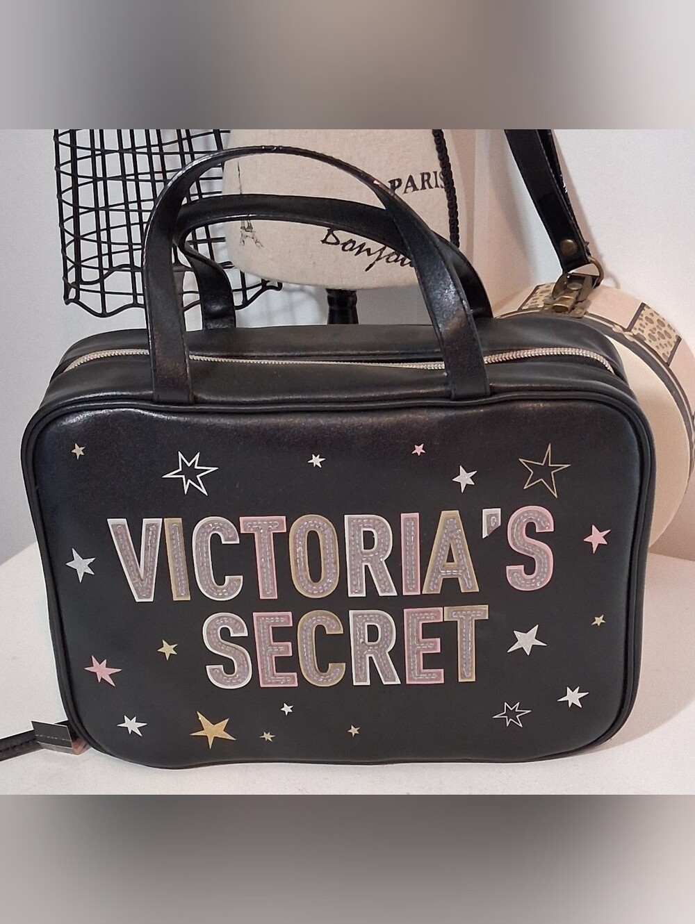 Victoria's Secret Square Black Cosmetic Carry Bag with Star Accents NWT
